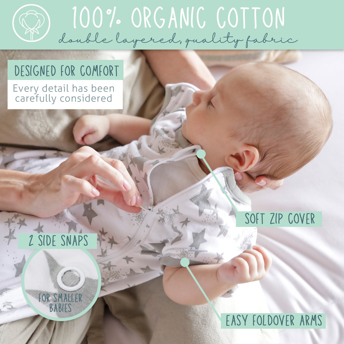 Swaddle Sack Arms Up, fits Newborn Babies 0-6 Months (Stars)