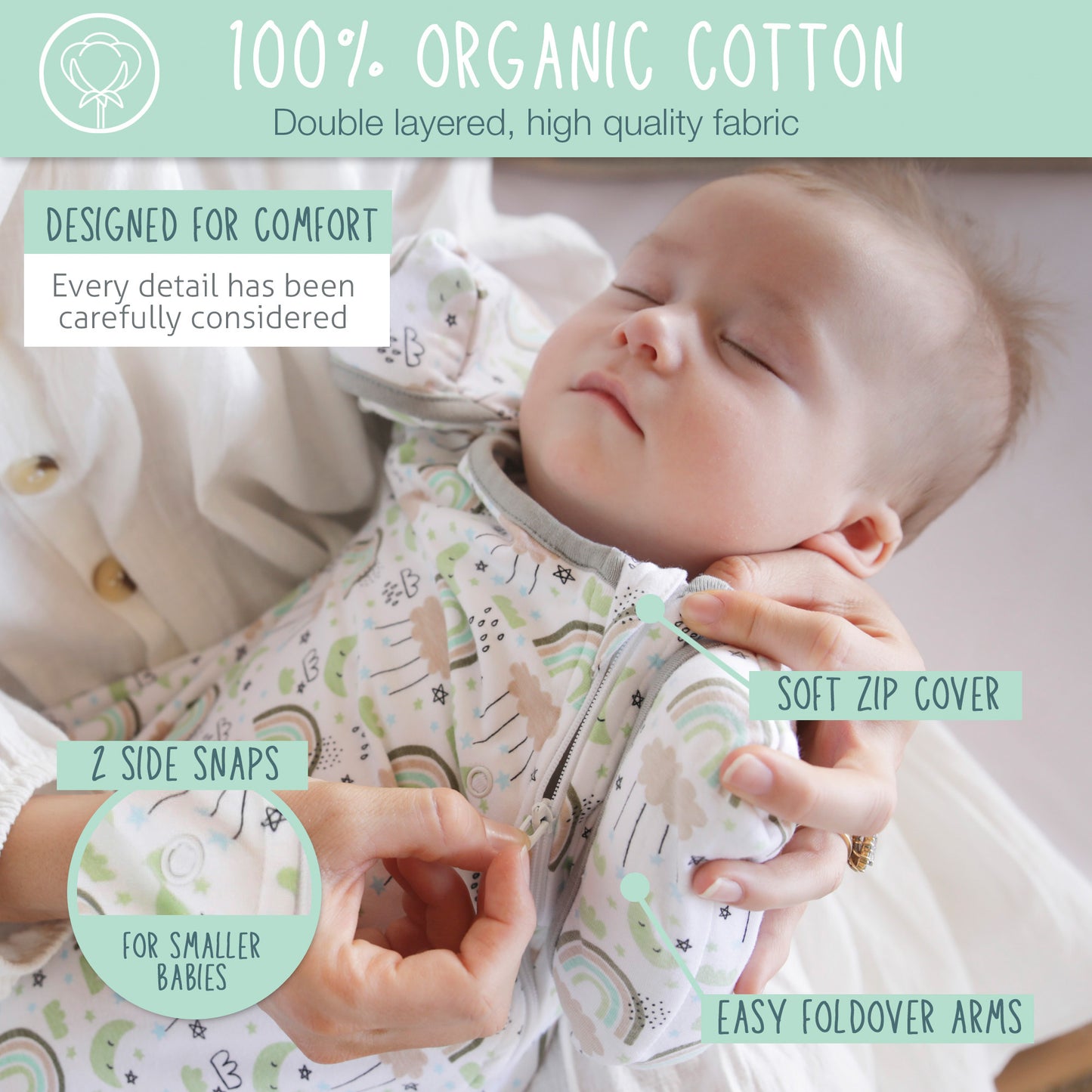 Swaddle Sack Arms Up, fits Newborn Babies 0-6 Months (Rainbow, Mint, Salmon, Green)