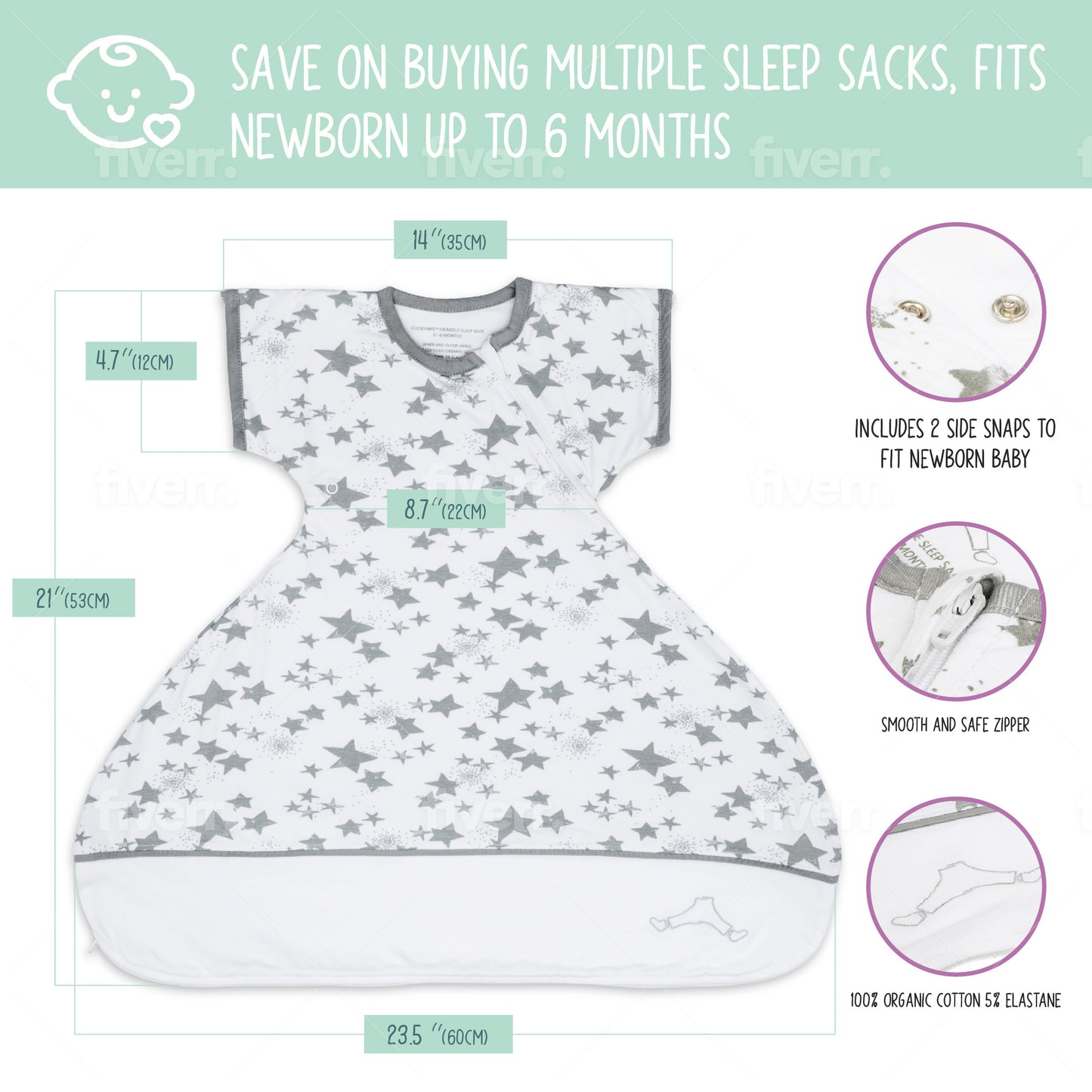 Swaddle Sack Arms Up, fits Newborn Babies 0-6 Months (Stars)