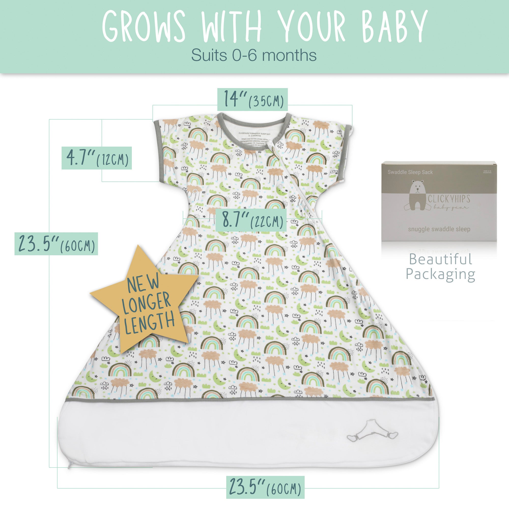 Swaddle Sack Arms Up, Allows Babies Hips to Move Freely, fits Newborn Babies 0-6 Months, Arms in/Out Transition Swaddle Sack, Baby Sleep Sack, Organic Cotton Rainbow (Mint, Salmon, Green)
